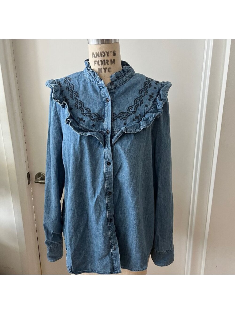 & OTHER STORIES Frilled Western  Denim Blouse with Embroidered Ruffle Details Si